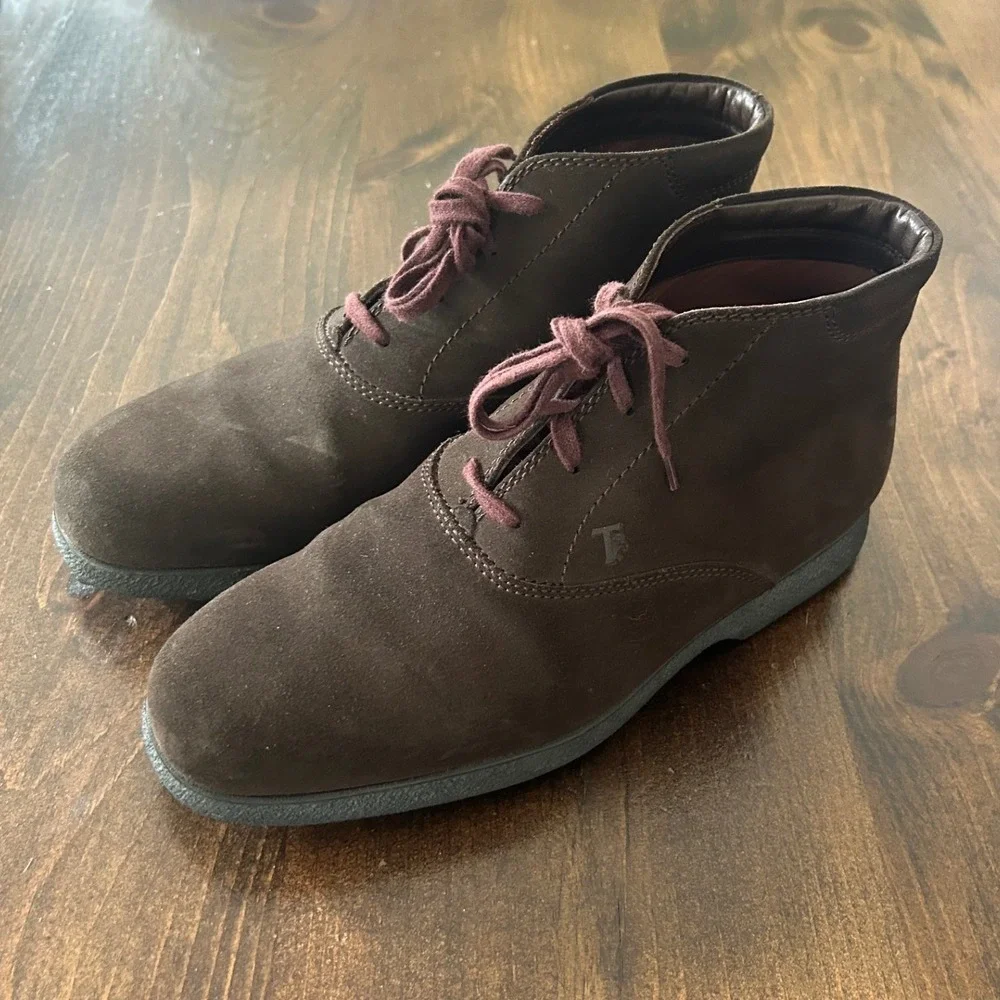 Tod's Chukka Boots Mens 7 Dark Brown Suede Lace Up Italian Leather Desert Luxury